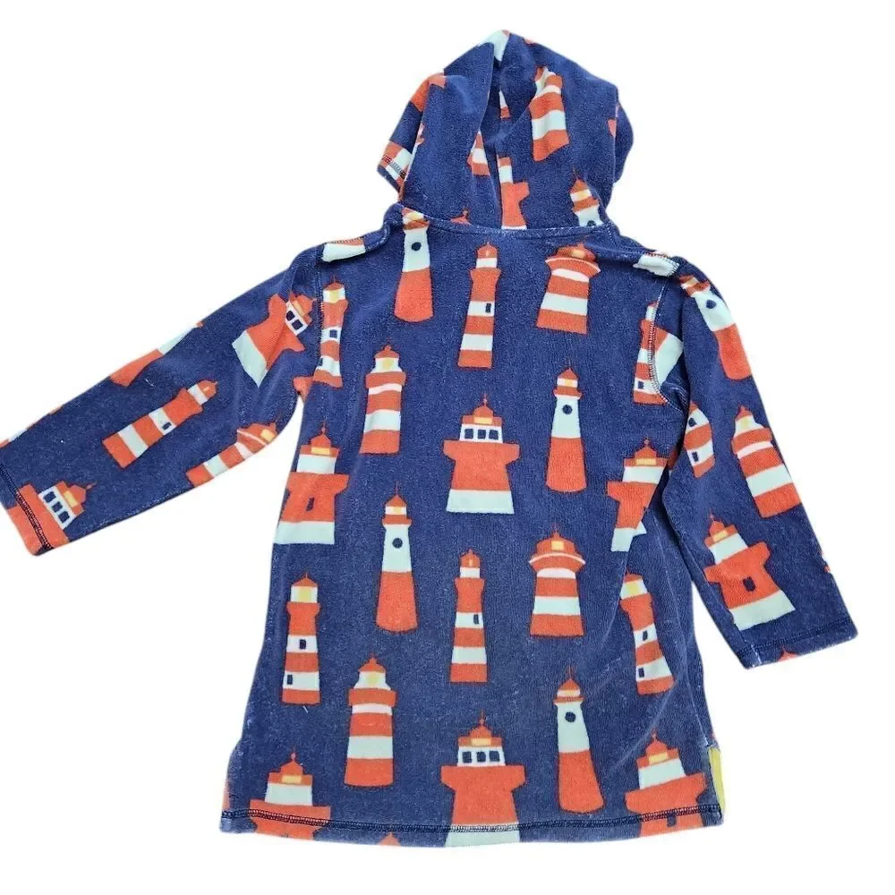 Mini Boden Kids Toweling Hooded Swim Coverup Terry Blue Lighthouse Print 9-10 Yr